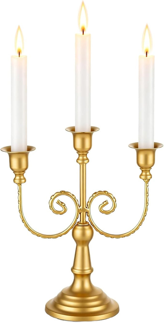 3 Arms Metal Candelabra Gold Candle Holder Vintage Modern Decorative Centerpiece Candlestick Holders for Table Wedding Halloween Christmas Party (1, Gold)
