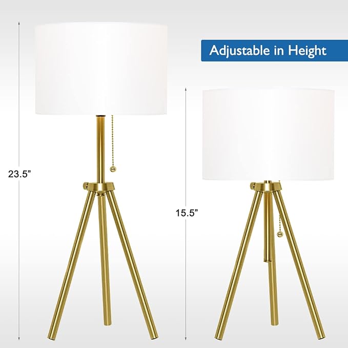 O’Bright Tripod Table Lamp, Adjustable in Height, 100% Metal Body with Linen Drum Shade, Bedside Lamp, Nightstand Lamp, Side Table Lamp for Living Room, Bedroom, Office, Antique Brass