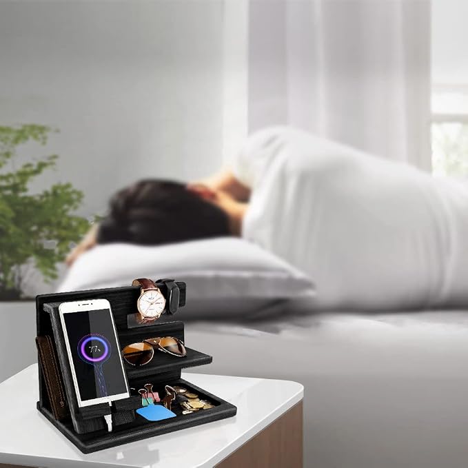 Gifts for Men Bedside Organiser Wood Phone Docking Station Dad Birthday Gifts for Him Nightstand Key Wallet Watch Stand Mens Gifts for Xmas Presents for Dad Husband Boyfriend Anniversary & Christmas