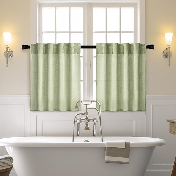 MIULEE Sage Green Kitchen Curtains 36 Inch Length 2 Panels, Soft Thick Linen Textured Semi Sheer Light Filtering Short Cafe Tier Curtains for Small Half Window Bathroom Laundry Back Tab Rod Pocket