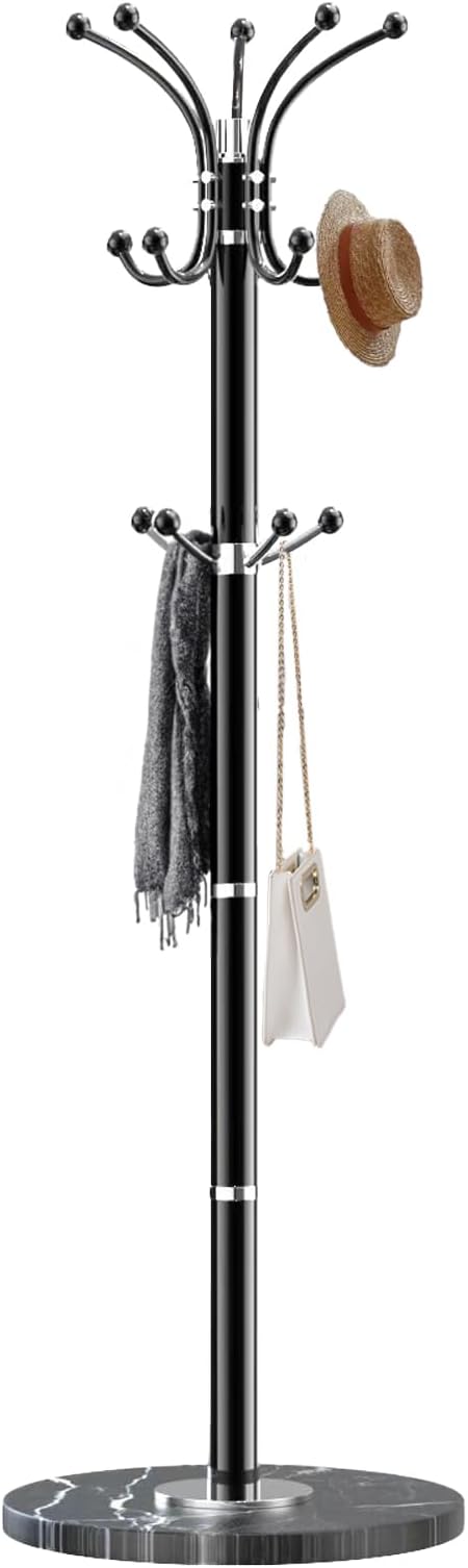Snaikor Metal Coat Rack Stand with Natural Marble Base, Modern Coat Rack Freestanding, 360°Rotary Coat Racks with 14 Hooks, Heavy Duty Coat Hall Tree Hanger Stand for Entryway, Office