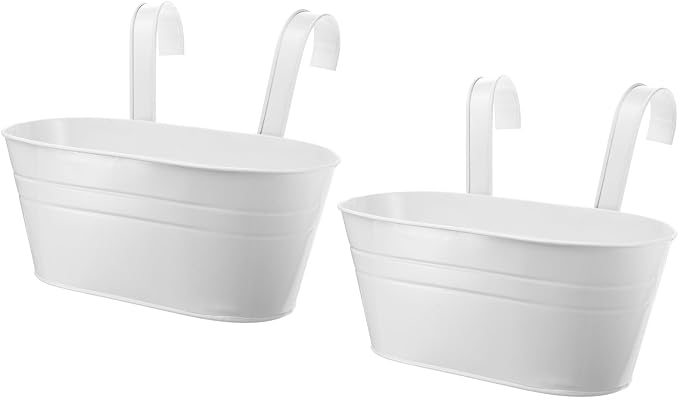 PATIKIL 11 Inch Hanging Flower Pots, 2Pcs Oval Metal Iron Hanging Planters Flower Holder with Detachable Hook for Outdoor Indoor Garden Railing Fence Balcony, White