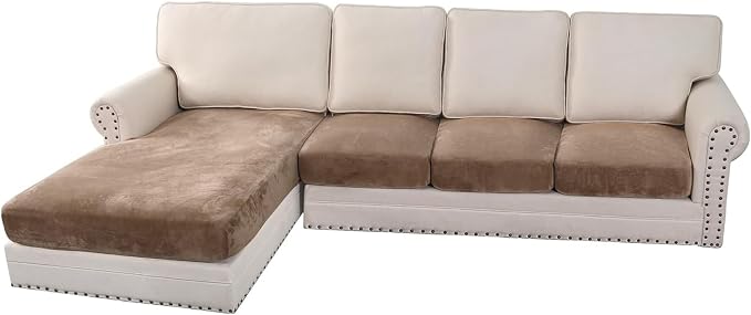 H.VERSAILTEX Velvet Stretch Sectional Couch Cover - 4 Pieces for L Shape Sofa With Separate Seat Cushion Covers - Fits Both Left/Right Sectional (Large 3 Seater + 1 Chaise, Camel)