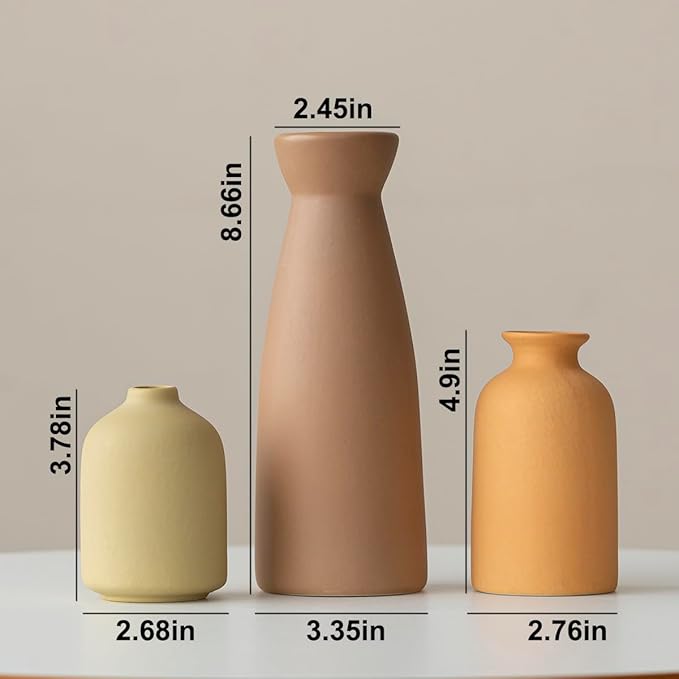 Distressed Ceramic Vase Set of 3, Modern Bohemian Farmhouse Home Decor, Pampas Grass Dried Flowers Vases for Living Room, Dining Room, Bedroom, Kitchen, Bathroom, Office, Entryway (Brown Mix)