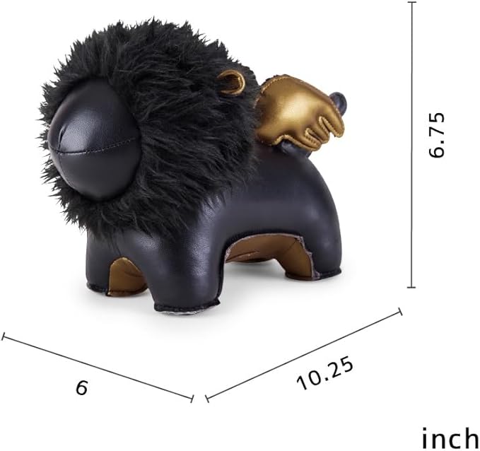 Bookend Lion Vivi, Leather Bookends for Shelves, Handmade Animal Home Decor, Zuny Series, Black+Copper
