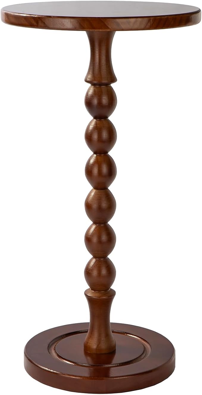 Round Side Table for Small Spaces, Drink Table with Oak Wood Pedestal, Modern End Table Nightstand for Living Room, Bedroom, Office, and Corners, Tool-Free Assembly, Brown