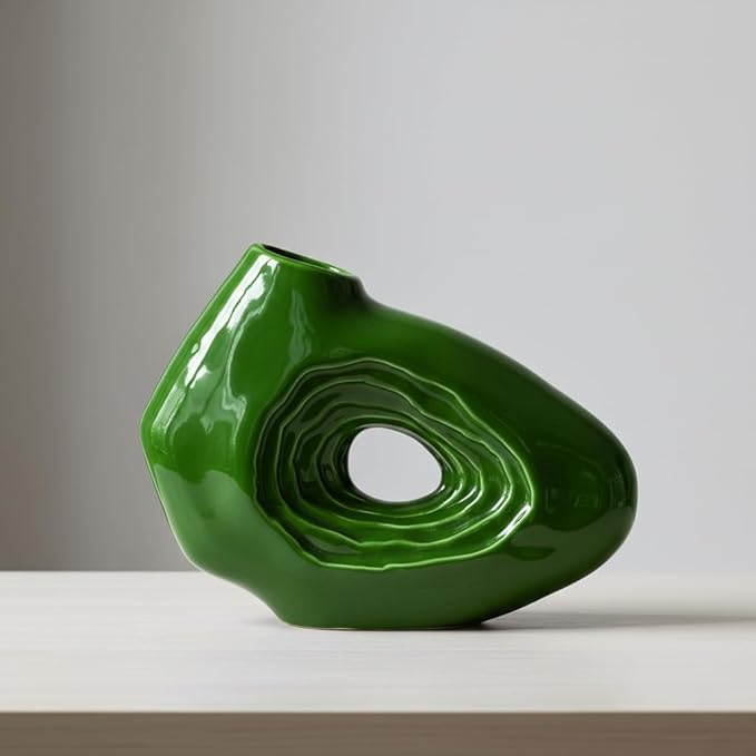 Sunddo Green Ceramic Vase, 7 Inch Small Decorative Vase for Flowers, Donut Modern Flower Vase for Home Decor, Shelf, Office Desk, Aesthetic, Bathroom, Table Centerpiece Decor