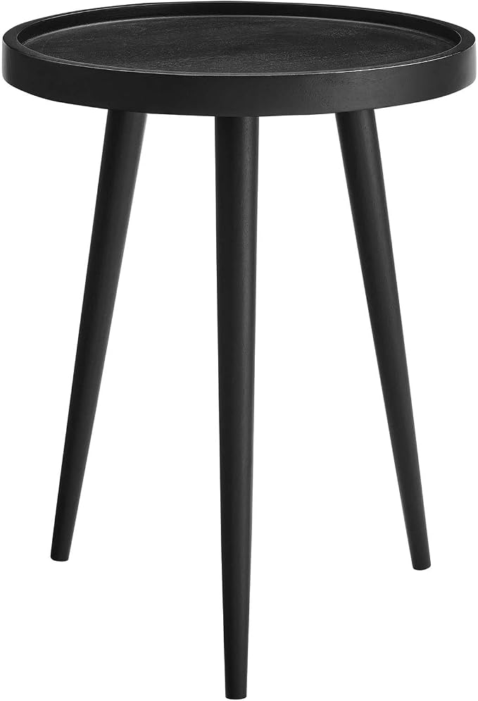 Modway Chiro Solid Wood Side Table in Black with Tray Top - Mid-Century Modern Round Accent Table - Small Bedside Table with Tapered Legs - Living Room End Table