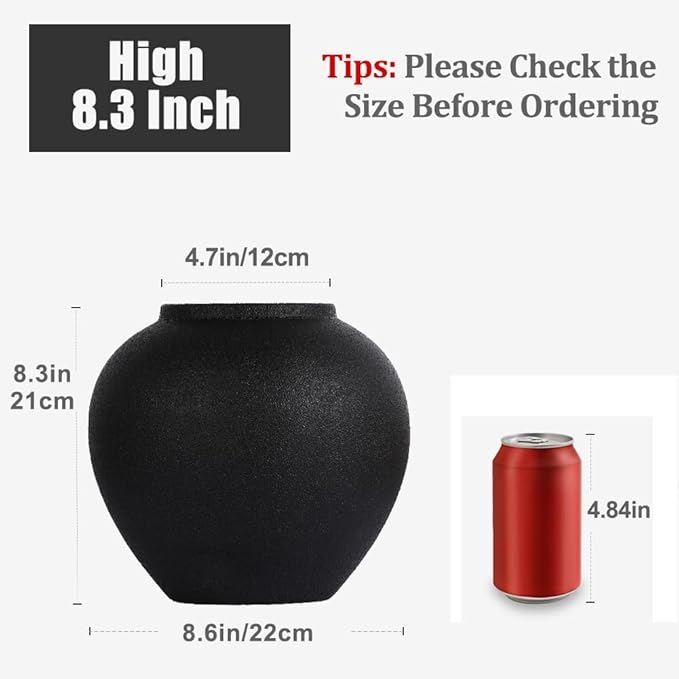 8.3″ Matte Black Ceramic Vase – Modern Rustic Decorative Vase for Pampas Grass, Flowers & Greenery – Small Round Table Centerpiece for Living Room, Entryway, Shelf Decor