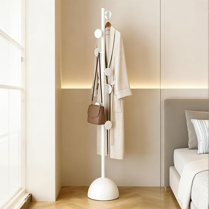 Coat Rack Freestanding Heavy Duty Stable Metal Clothes Rack With 7 Round Hooks & Metal Base, Coat Hanger Garment Rack for Entryway Bedroom, Coat Rack Hall Tree for Clothing Tie Hat Bag Purses (White)