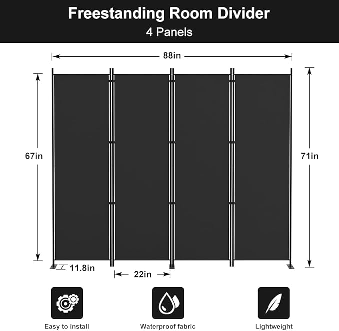 Kokorona 4 Panel Room Divider, 6FT Tall Folding Privacy Screen Wall Dividers, Portable Privacy Screen Freestanding Room Divider for Room Separation, Included - Cover Strips, Black, 88''W x 71''H