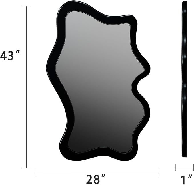 43"x 28" Irregular Wall Mirror, Black Wood Framed Wall Mirror, Asymmetrical Wall Wavy Mirror for Living Room Bedroom Entryway Bathroom Modern Decorative Mirror with Hanging Hooks