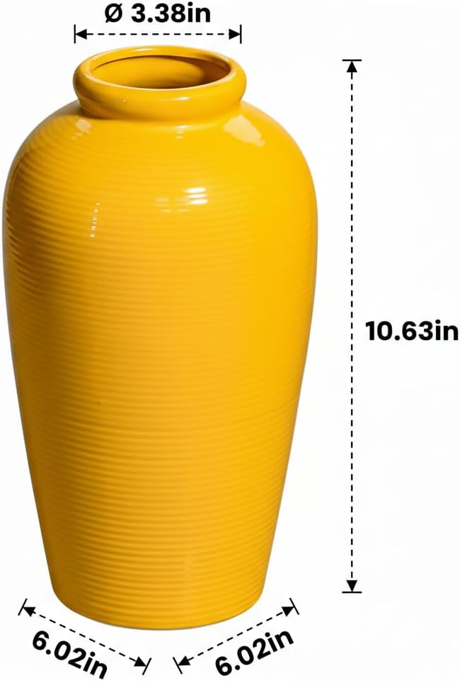 11 Inch Yellow Ceramic Vase for Flowers - Modern Minimalist Vases Home Decor - Textured Decorative Vase for Kitchen, Wedding Centerpiece, Fireplace Decoration for Living Room