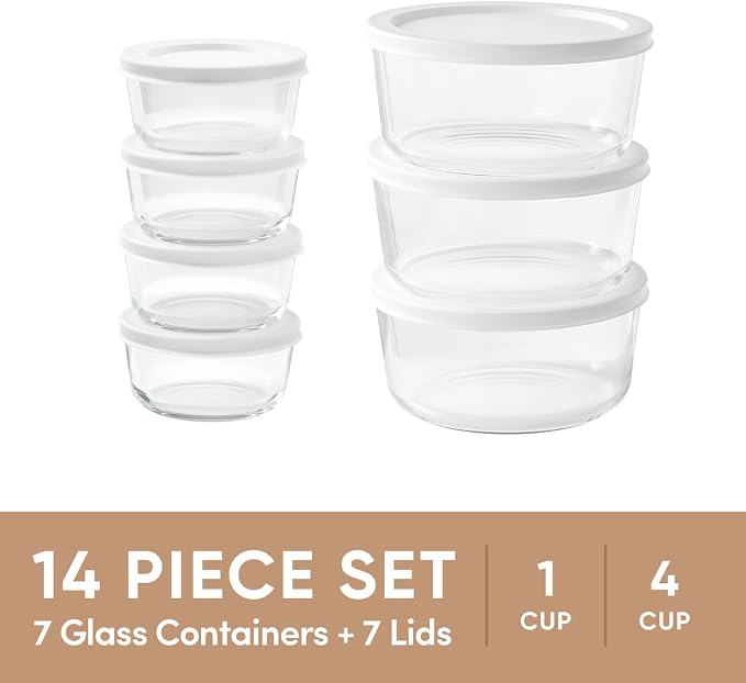 14-Piece Glass Food Storage Containers Set (7 Containers + 7 BPA-Free Lids) | 1-Cup & 4-Cup, Leakproof | Microwave, Freezer, Oven & Dishwasher Safe | Ideal for Meal Prep & Pantry Organization, White