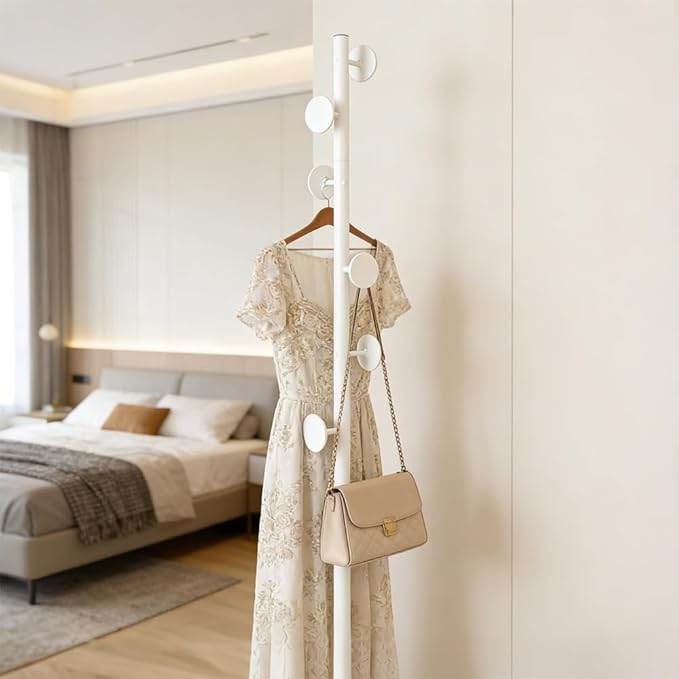Coat Rack Freestanding Heavy Duty Stable Metal Clothes Rack With 7 Round Hooks & Metal Base, Coat Hanger Garment Rack for Entryway Bedroom, Coat Rack Hall Tree for Clothing Tie Hat Bag Purses (White)
