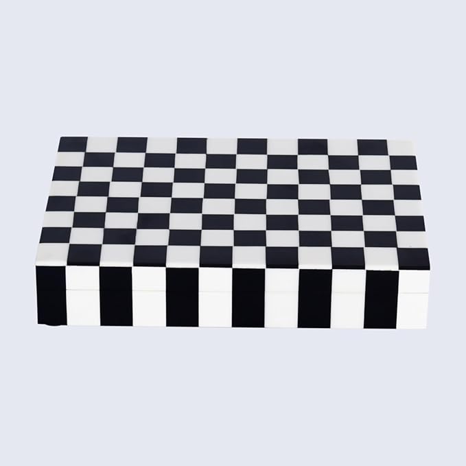 Handicrafts Home Decorative Storage Box with Lid, Black and White Decorative Box for Remote Controls, Slim Coffee Table Storage Box for Shelf, Desk & Living Room Decor, Puzzle Check 8 x 6 x 1.5 Inch