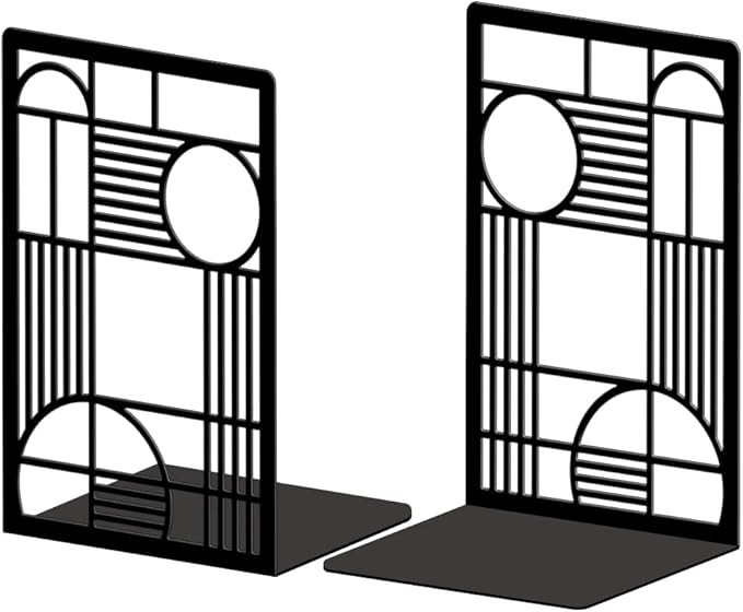 Peacoblue Metal Bookends for Shelves, Modern Decorative Heavy Duty Study Book Ends Stoppers for Office, Desk, Shelf, Room 5.3"x4.3"x7.9" Cast Iron Simple Tall Bookends 1 Pair (Geometry Lines)