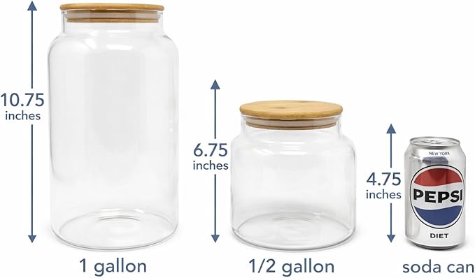 1 Gallon Glass Large Jar with Airtight Bamboo Lid - Strong Clear Borosilicate Canister for Kitchen Food Storage Organizing, Terrarium, Pantry Decorative Container & Laundry Room - Pack of 1
