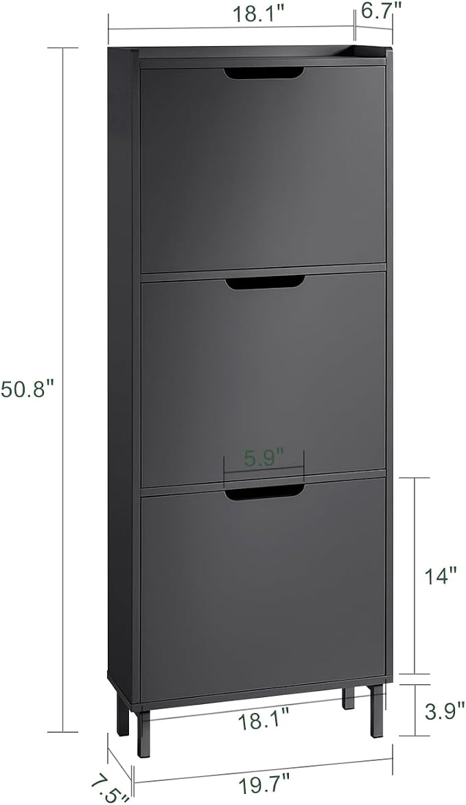 Haotian Slim Shoe Cabinet Entryway, Hidden Shoe Storage with Three Flip Drawers to Save Space, Freestanding Shoe Rack for Front Door, Entryway, Hallway (Black)