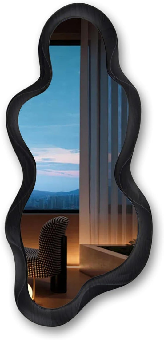 30"x 14" Irregular Wall Mirror, Wooden Black Framed Wall Asymmetrical Wavy Mirror for Living Room Bedroom Entryway Bathroom Modern Decorative with Hanging Hooks