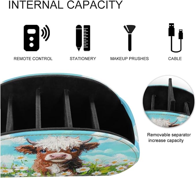 Yak Daisy Oil Painting Print TV Remote Holder with 5 Compartments, Office Desk - Nightstand - Couch Organizers/Bedside Table Accessory, Storage for Pens/Controllers/Media Players