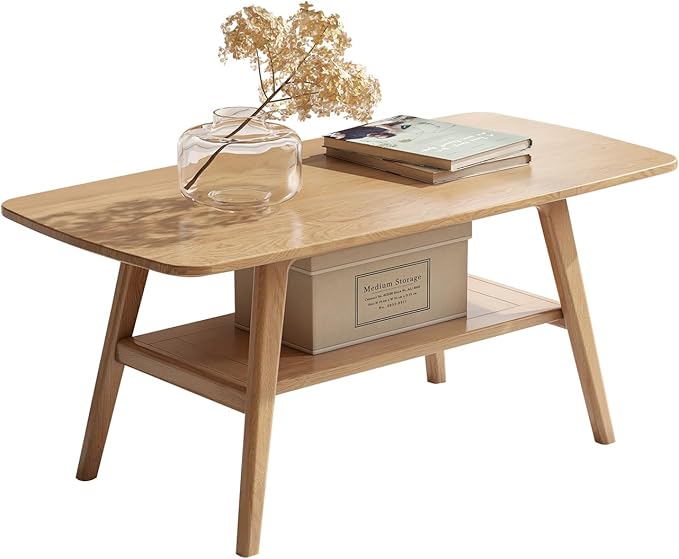 100% Solid Oak Wood Coffee Table for Living Room, 2-Tier Small Coffee Tables with Shelf Storage, Mid Century Modern Table with Rounded Corners (Natural, 39.37" x 19.68" x 17.32")