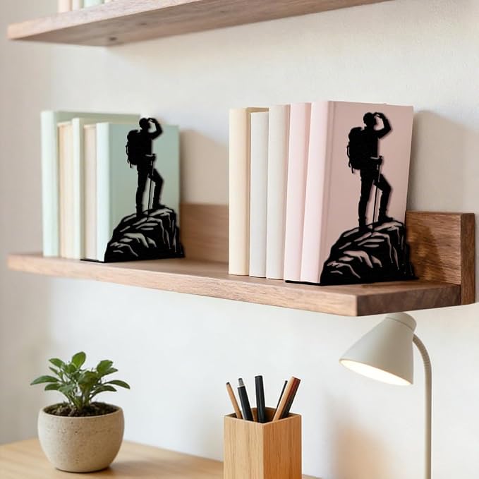 Peacoblue Metal Bookends for Shelves, Modern Decorative Heavy Duty Study Book Ends Stoppers for Office Desk Shelf, Room 5.3"x4.3"x7.9" Cast Iron Tall Bookends 1 Pair (Mountain Climber)