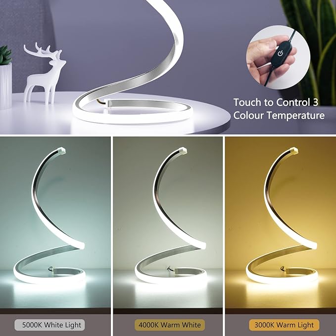 NUÜR LED Table Lamps Set of 2, Silver Bedside Table Lamps, Nightstand Table Lamp, Touch Control,Stepless Dimmable, Curved Art Decorative Table Lamp for Living Room Bedroom Office Home
