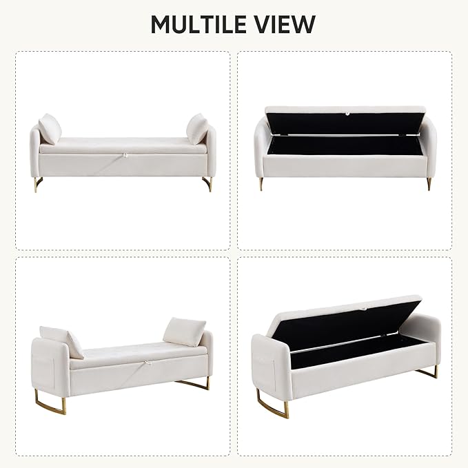 65" Storage Ottoman Bench, Storage Bench for Bedroom, End of Bed Storage Bench with Tufted Upholstered and Gold Legs, Bedroom Benches with Arms Window and Entryway, Chenille Cream
