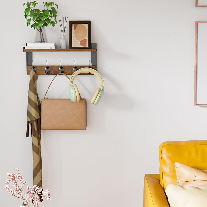 Wall Hooks with Shelf, Wood Coat Rack with Shelf Wall-Mounted, Entryway Hanging Shelves with 5 Metal Hooks for Clothes Hats Towel Purse Robes, Bathroom Mudroom Bedroom, Rustic Brown