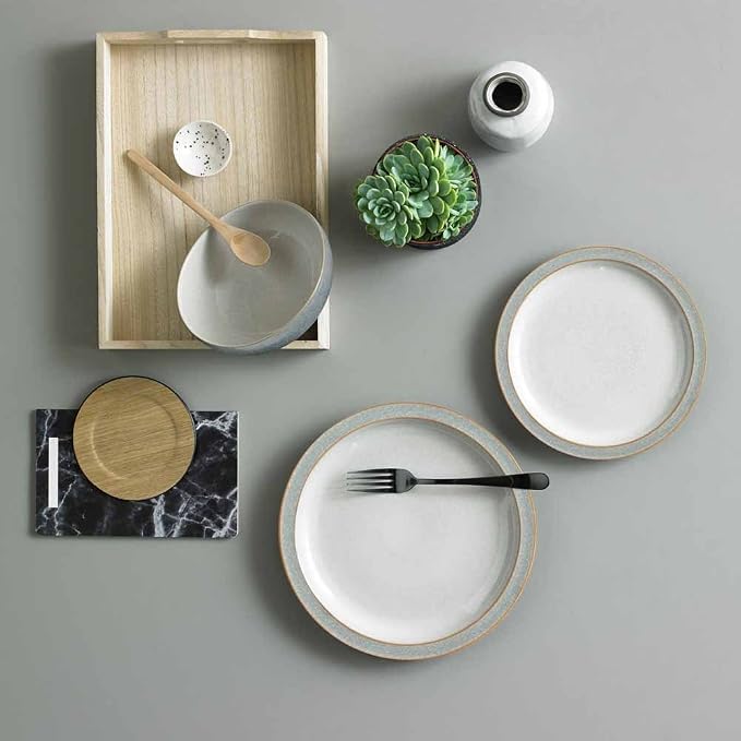 Denby - Elements Light Grey Dinner Plates Set of 4 - Dishwasher Microwave Safe Crockery 26.5cm - Pale Grey, White Ceramic Stoneware Tableware - Chip & Crack Resistant Large Plates