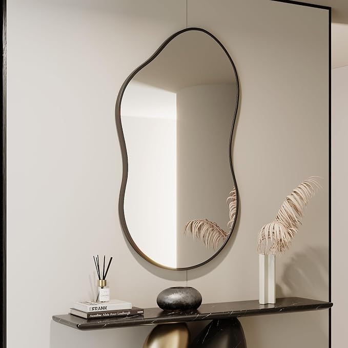 Irregular Wall Mirror - 26''×46'' Asymmetrical Decorative Tempered Glass Aluminum Alloy Framed Mirrors Cloud Mirror Wavy Mirrors for Bathroom, Bedroom, Living Room, Entryway（Black）