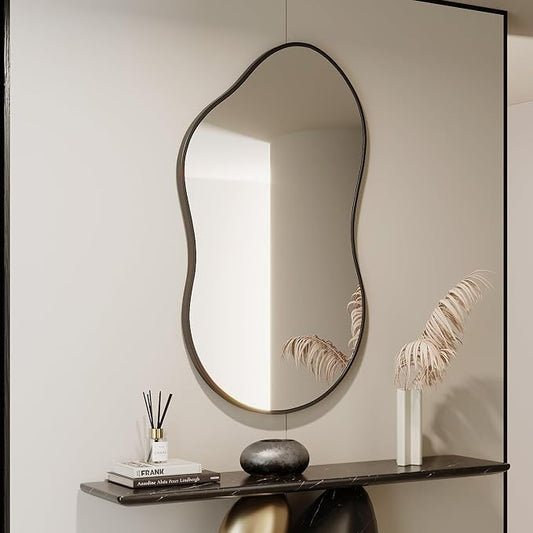 Irregular Wall Mirror - 26''×46'' Asymmetrical Decorative Tempered Glass Aluminum Alloy Framed Mirrors Cloud Mirror Wavy Mirrors for Bathroom, Bedroom, Living Room, Entryway（Black）