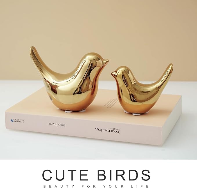 2 Pcs Ceramic Small Bird Figurines Modern Animal Statues for Home 、Room Decor and Bedroom Decor and Bookshelf Display (Gold)