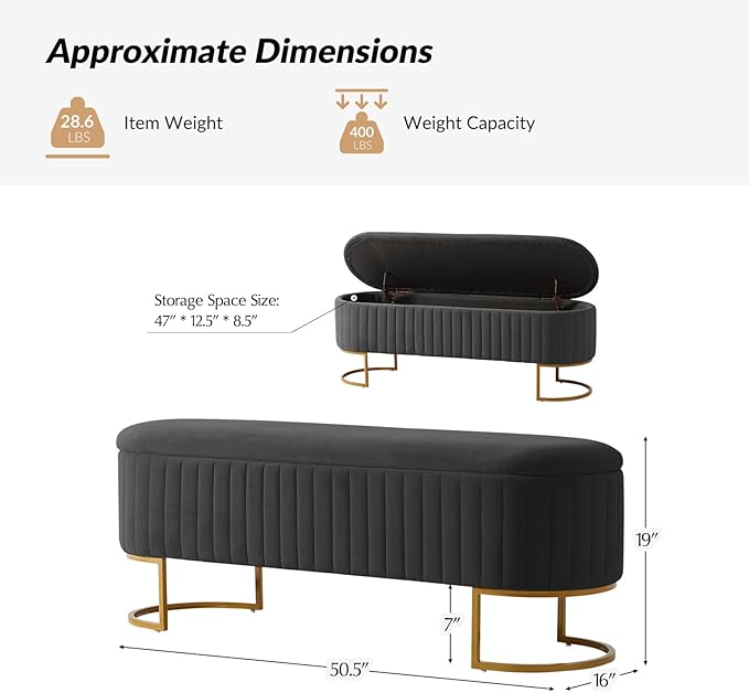 50.5” Velvet Storage Ottoman Bench with Gold-Toned Legs, Luxury Upholstered End of Bed Multi-Functional Footrest & Seat for Bedroom & Entryway