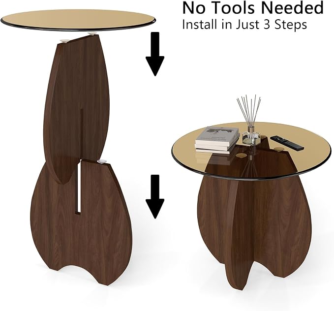 MDF Frame Side Table with Brown Tempered Glass Top, Mortise and Tenon Joint Design, No Screw Easy Assembly, Sturdy End Table for Living Room, Bedroom (Shell-Brown)