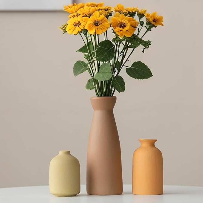 Distressed Ceramic Vase Set of 3, Modern Bohemian Farmhouse Home Decor, Pampas Grass Dried Flowers Vases for Living Room, Dining Room, Bedroom, Kitchen, Bathroom, Office, Entryway (Brown Mix)