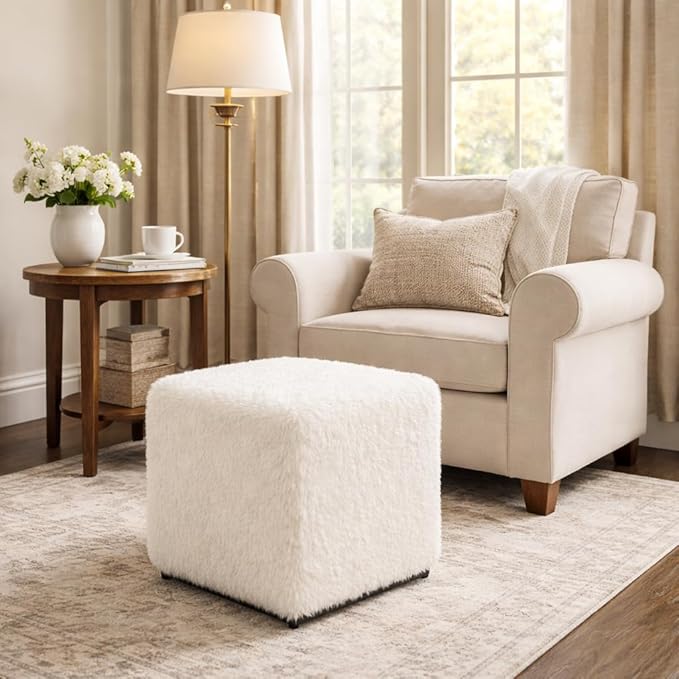 HomePop Cube Ottoman - White Faux Fur