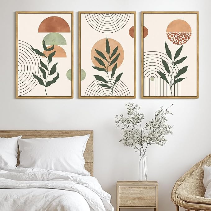 PHOPAGO Boho Abstract Wall Art Large 24x36in Botanical Mid Century Modern Framed Wall Prints Neutral Bohemain Sage Decor for Farmhouse Living Room - Natural Framed