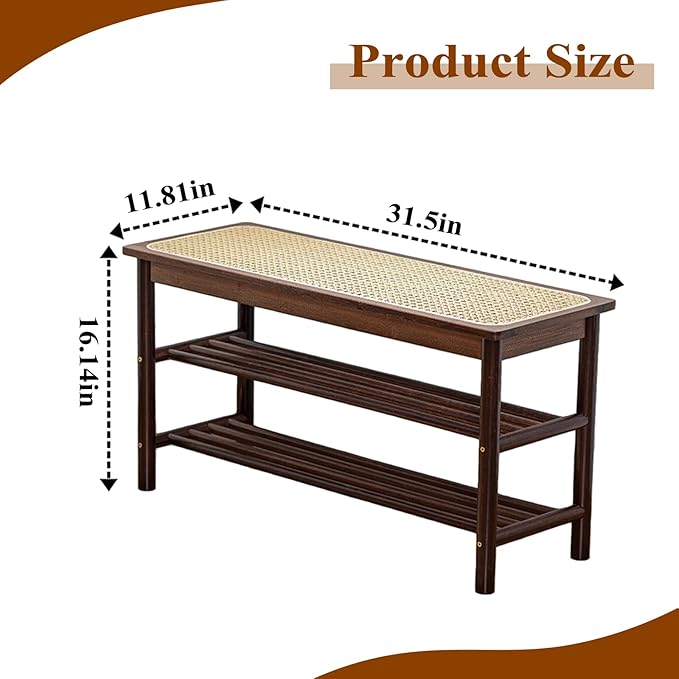 Bamboo Entryway Bench with Woven Rattan Seat, 2-Tier Shoe Storage Bench for Hallway & Entryway 31.5 inches Walnut