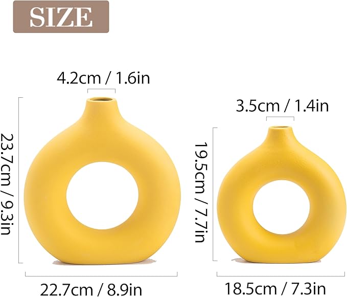 Ceramic Vase Set of 2 Home Decor Modern Farmhouse Style Living Room Ornament Dining Table Room Pottery Yellow Small Donut Vases for Dried Flowers