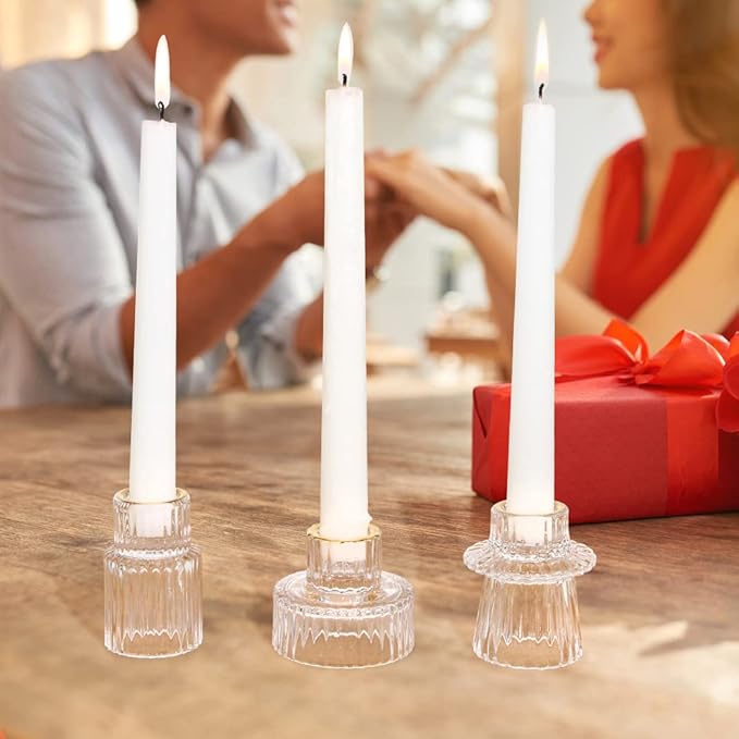 Vixdonos Taper Glass Candlestick Holders Tealight Candle Holders for Table Centerpieces, Wedding Decor and Dinner Party (6 Pcs, Gold Rim Clear)