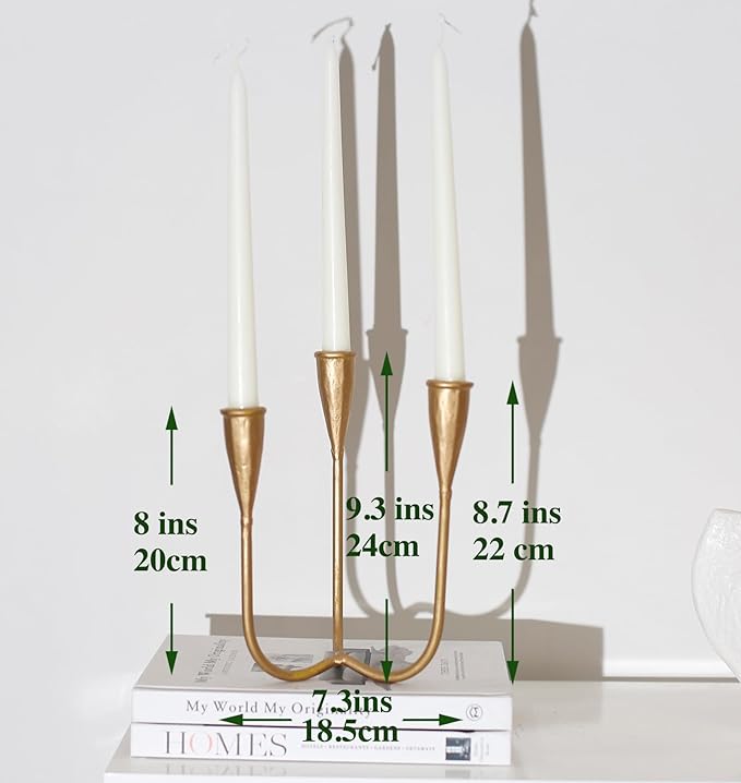 Modern 3-Arm Candelabra Holder, Cast Iron Metal Candlestick Holders 9.3 Inches Tall Candle Holder Candle Stand Brass Gold Candle Stand, Curved Design