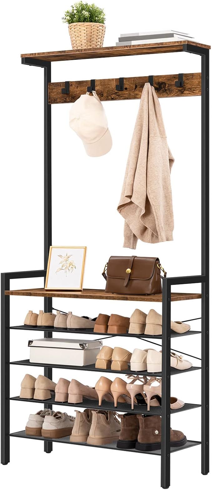 HOOBRO Hall Tree with Bench, Coat Rack with Shoe Storage, Shoe and Coat Rack, 5-Tier Entryway Shoe Storage, 5 Hooks, for 12-16 Pairs, Industrial, Hallway, Foyer, Mudroom, Rustic Brown BF74MT01