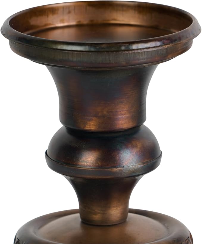 NIKKY HOME Vintage Pillar Candle Holders Set of 2, Rustic Bronze Metal Candle Pedestals Stand Centerpieces Decor for Dining Room Table Wedding Party Mantle Fireplace Housewarming Gift