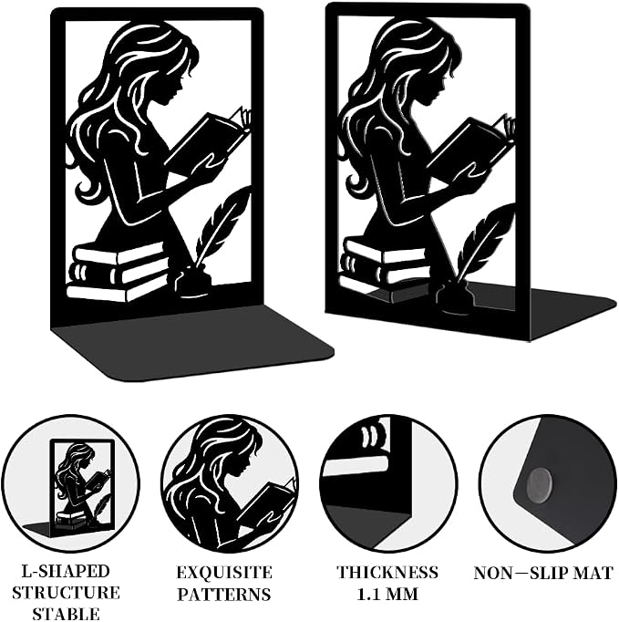 2 Pcs Metal Bookends, Unique Decorative Bookends with Reading Theme Cute Black Book Stopper for Multiple Home Styles Reading Room