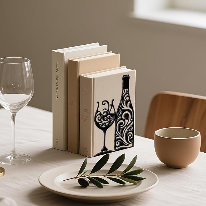 WADORN 1 Pair Wine Metal Bookends for Shelves Decorative, Wine Glass Heavy Duty Metal Decorative Book Ends Non-Skid Black L-Shaped Book Stopper for Library Home Office Desk, 5.3x4.3x7.9 Inch