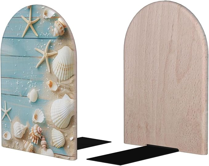 Starfish Seashells Board 2 Pack Wood Decorative Bookends 6.7x4.2 in, Book Ends for Home Office Library Shelves Decor Room Kitchen Desktop