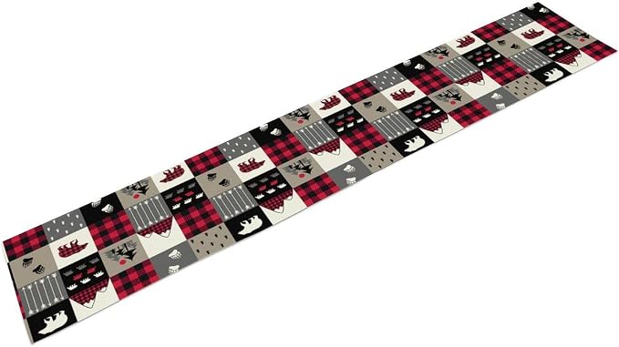 Vintage Rustic Table Rustic Cabin Red Brown Bear Retro Wildlife Farmhouse Theme for Kitchen Dining Room Holiday Party Family Gatherings Decor 13x36in