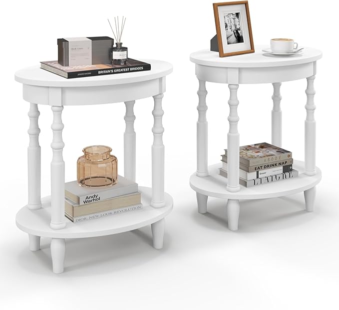 Giantex Oval End Tables Set of 2, 2-Tier Side Tables with Storage Shelf & Solid Wood Legs, Modern Living Room Accent Table, Wood Nightstand for Bedroom, Small Space, 20.5"L x 15.5"D x 24.5"H, White